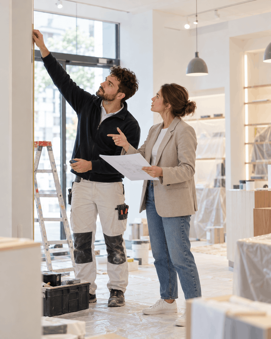 Deux professionnels inspectant un ERP pendant des travaux.