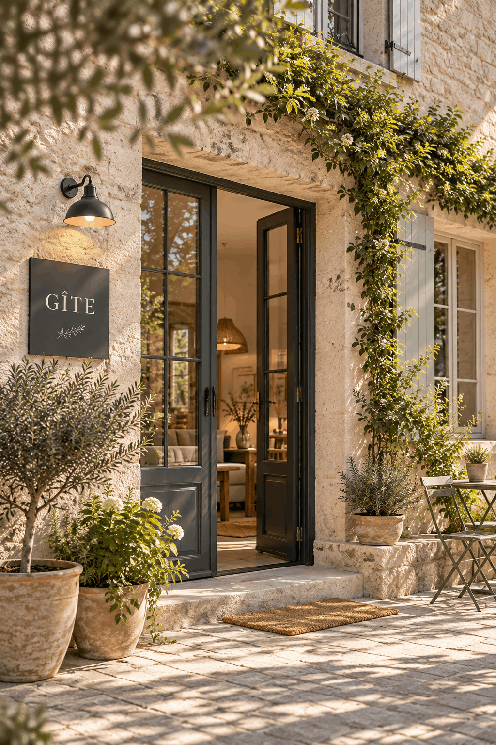 Façade d'un gite. Le mur est en pierre beige, et recouverte de lier. Une porte vitrée donne sur un salon cosy.