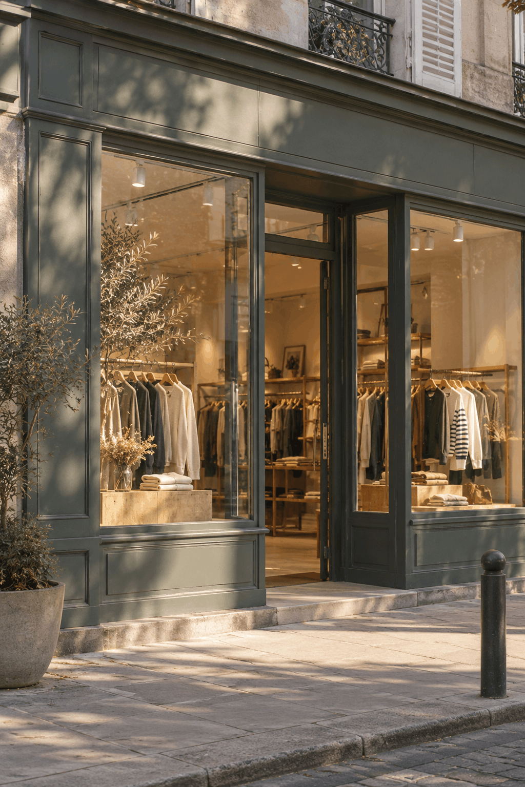 Vitrine d'un magasin de vêtement. Le mur est vert foncé. De nombreux pulls sont en rayon.