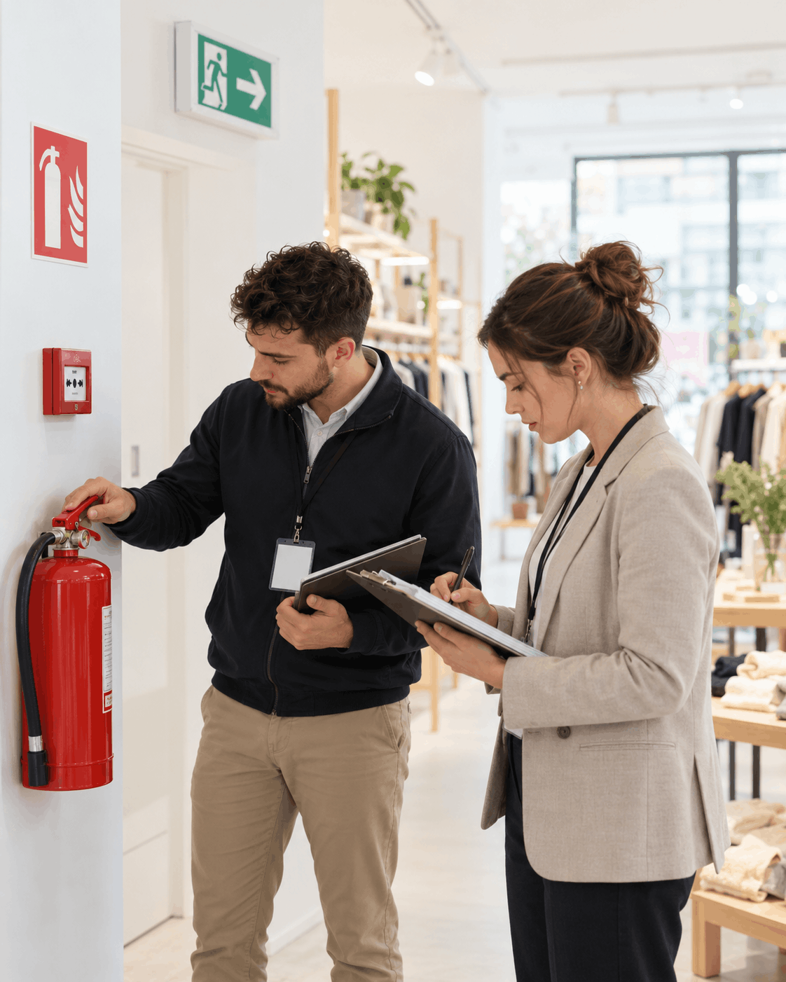 Deux personnes inspectant l'extincteur d'un commerce dans le cadre d'une validation de sécurité incendie.